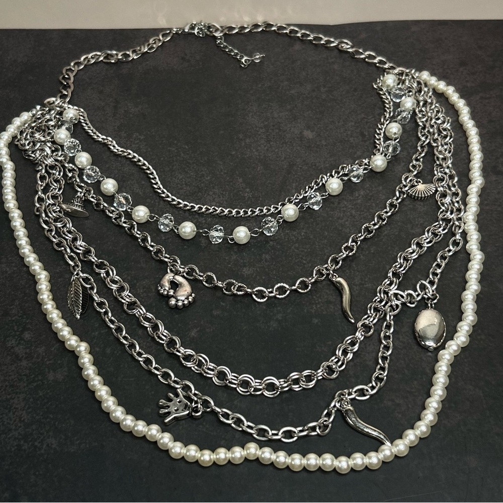 Unique Silver Tone and Faux Pearls Layered Necklace with Charms